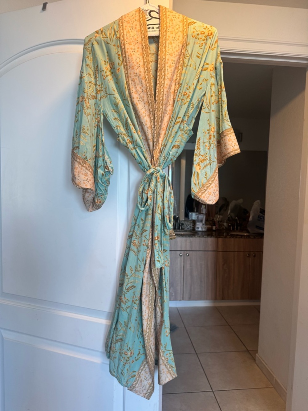 Light Aqua Floral Kimono Robe with Cream Trim